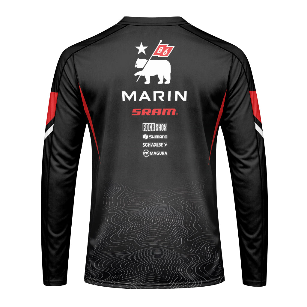Marin Bikes Black Red Topographic Youth Long Sleeve Mountain Bike Jersey – Back View Mockup