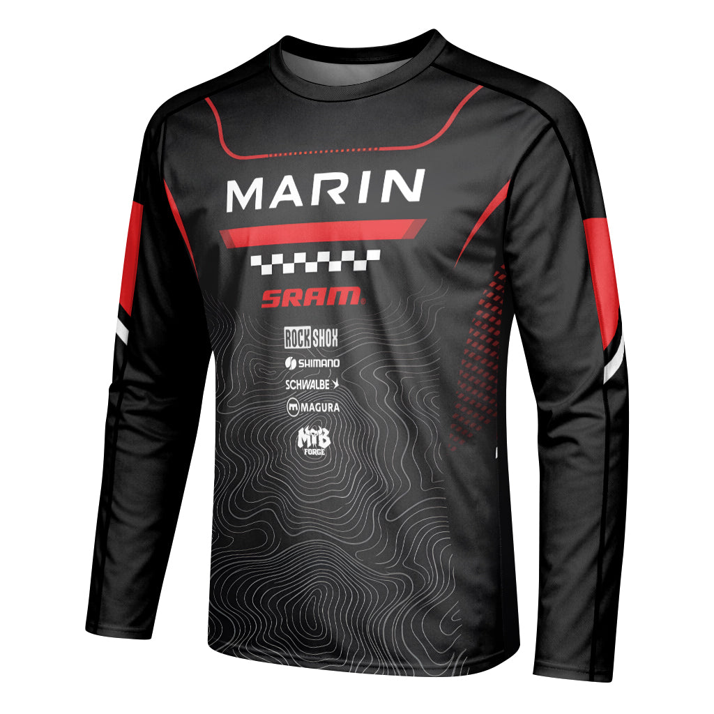 Marin Bikes Black Red Topographic Youth Long Sleeve Mountain Bike Jersey – Left Side View Mockup