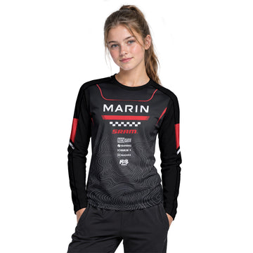 Marin Bikes Black Red Topographic Youth Long Sleeve Mountain Bike Jersey – Girl Lifestyle View