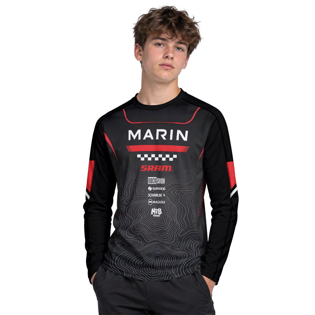 Marin Bikes Black Red Topographic Youth Long Sleeve Mountain Bike Jersey – Boy Lifestyle View