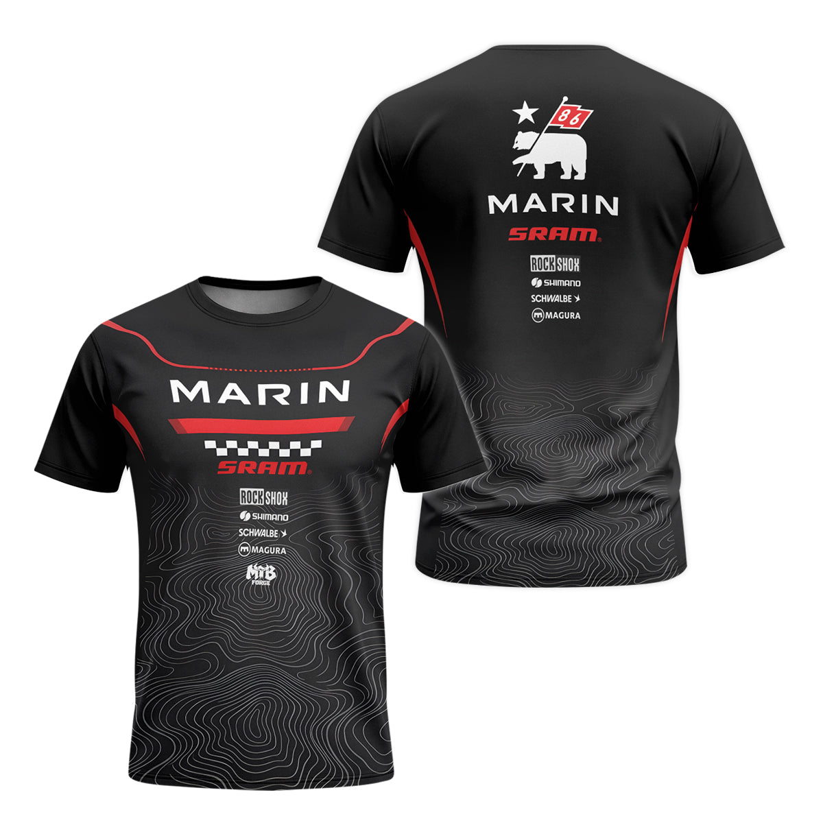 Marin Bikes Black Red Topographic Youth Short Sleeve Mountain Bike Jersey – Front and Back View