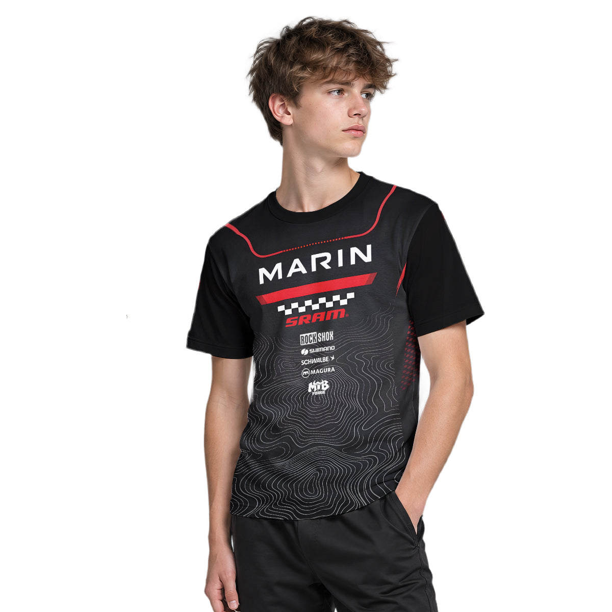 Marin Bikes Black Red Topographic Youth Short Sleeve Mountain Bike Jersey – Boy Lifestyle View