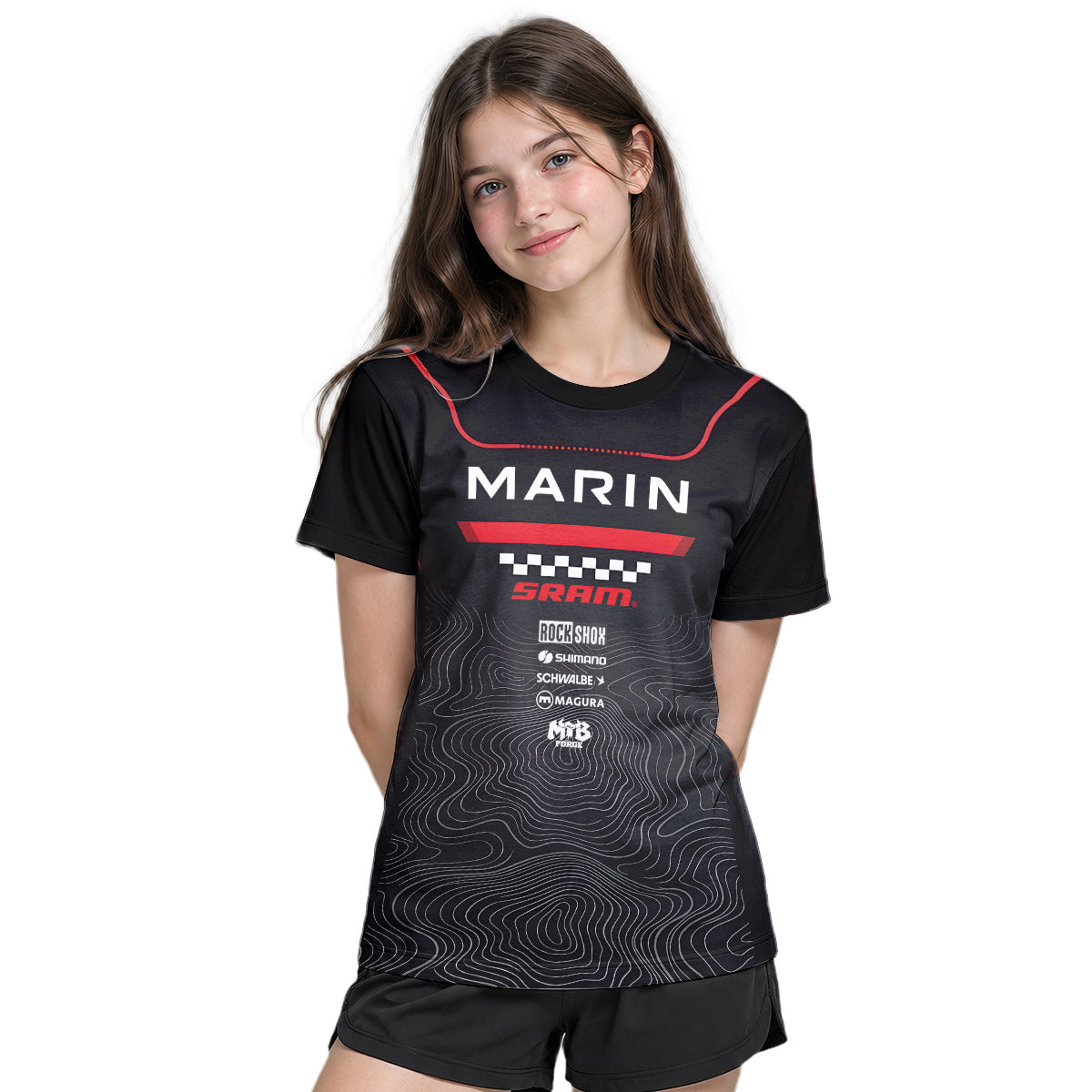 Marin Bikes Black Red Topographic Youth Short Sleeve Mountain Bike Jersey – Girl Lifestyle View
