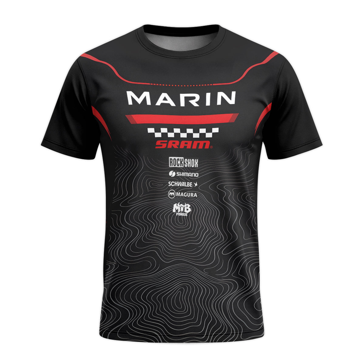 Marin Bikes Black Red Topographic Youth Short Sleeve Mountain Bike Jersey – Front View Mockup