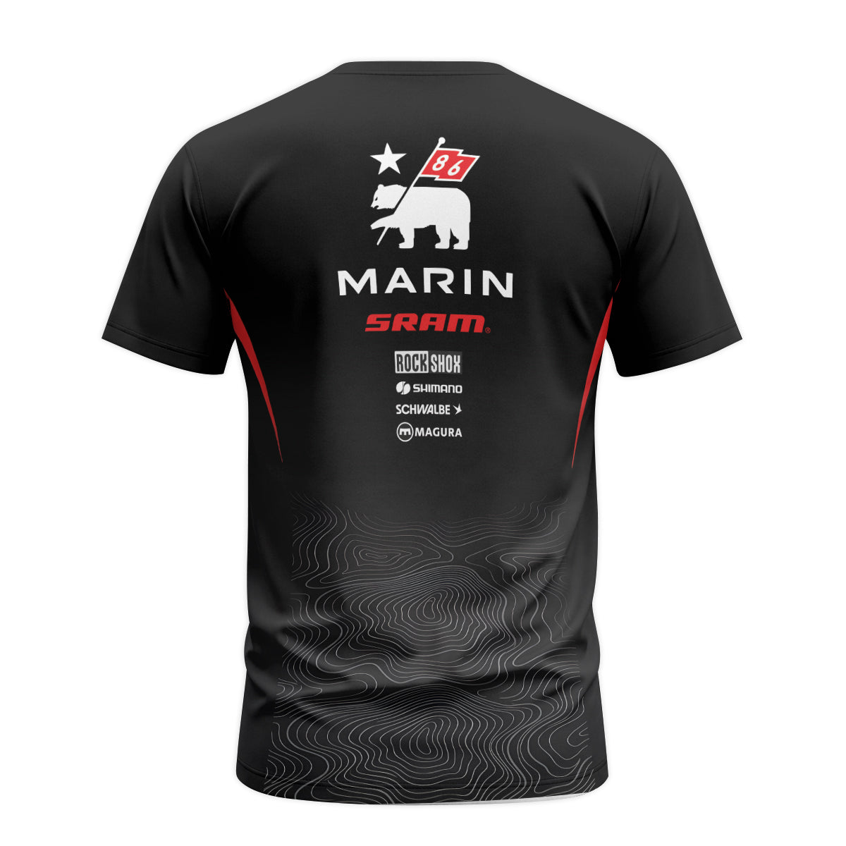 Marin Bikes Black Red Topographic Youth Short Sleeve Mountain Bike Jersey – Back View Mockup