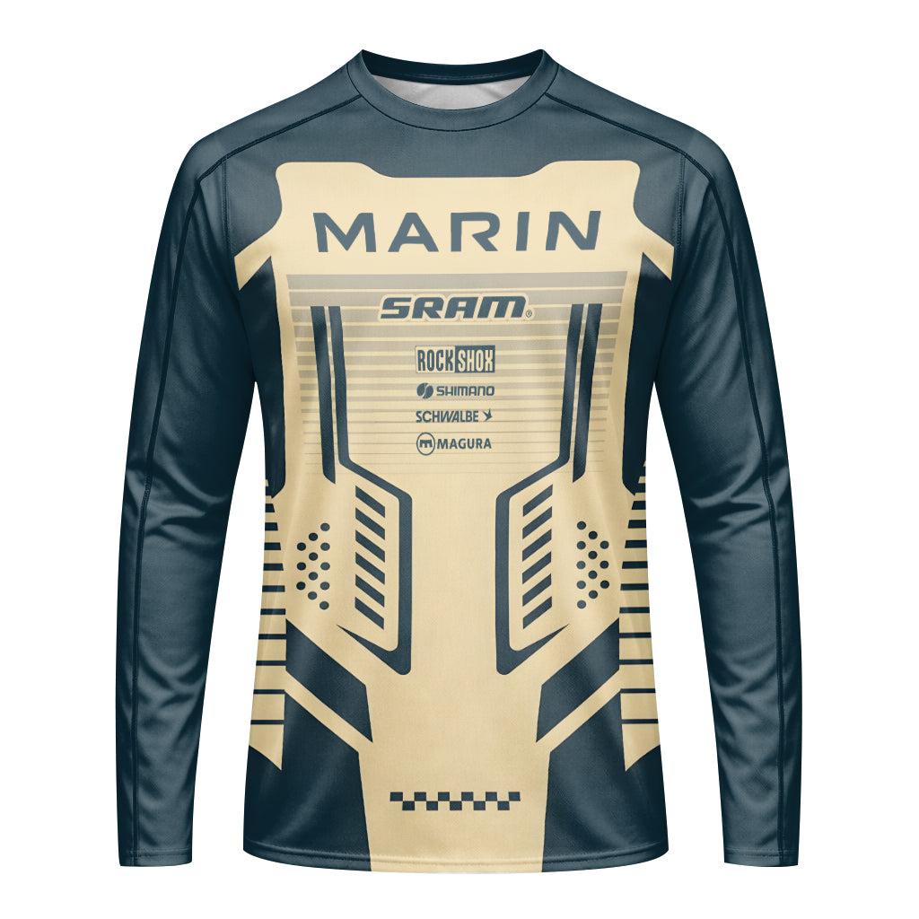 Marin Bikes Retro Navy Blue Beige Long Sleeve Mountain Bike Jersey – Front View Mockup