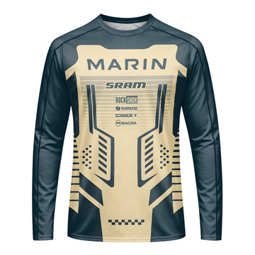 Marin Bikes Retro Navy Blue Beige Long Sleeve Mountain Bike Jersey – Front View Mockup
