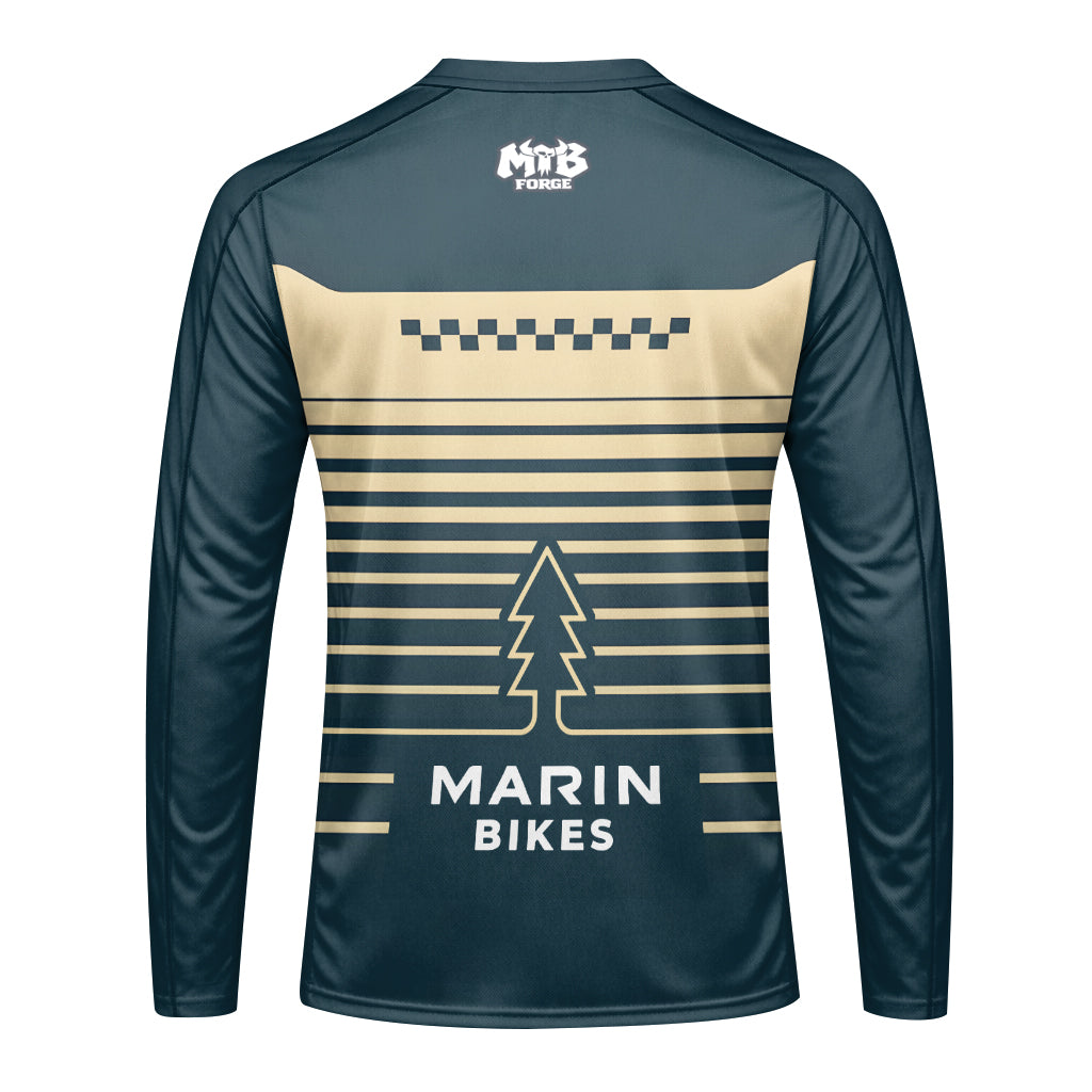 Marin Bikes Retro Navy Blue Beige Long Sleeve Mountain Bike Jersey – Back View Mockup