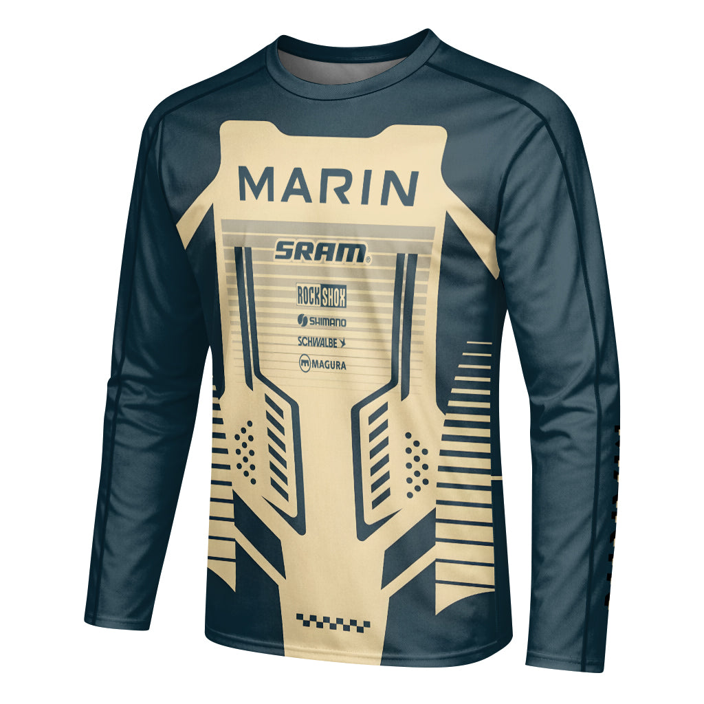 Marin Bikes Retro Navy Blue Beige Long Sleeve Mountain Bike Jersey – Left Side View Mockup