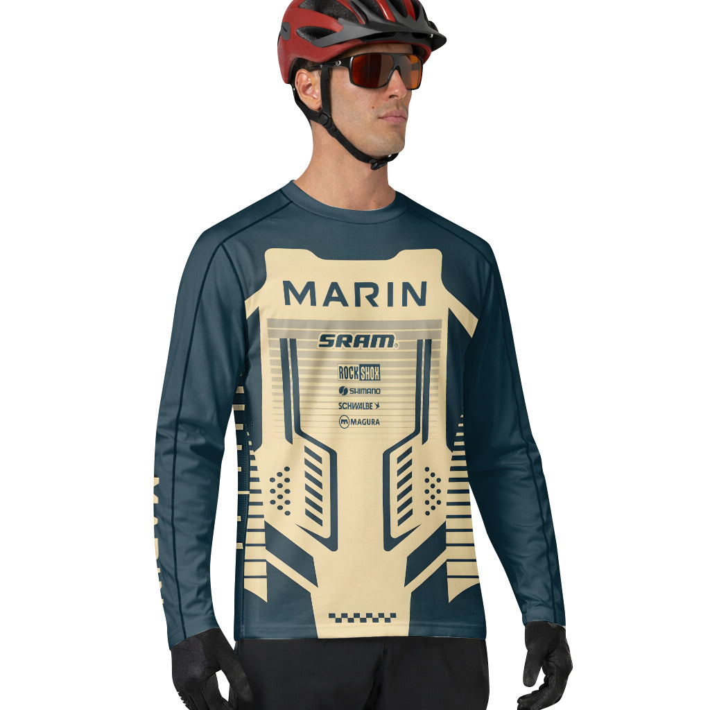 Marin Bikes Retro Navy Blue Beige Long Sleeve Mountain Bike Jersey – Lifestyle View