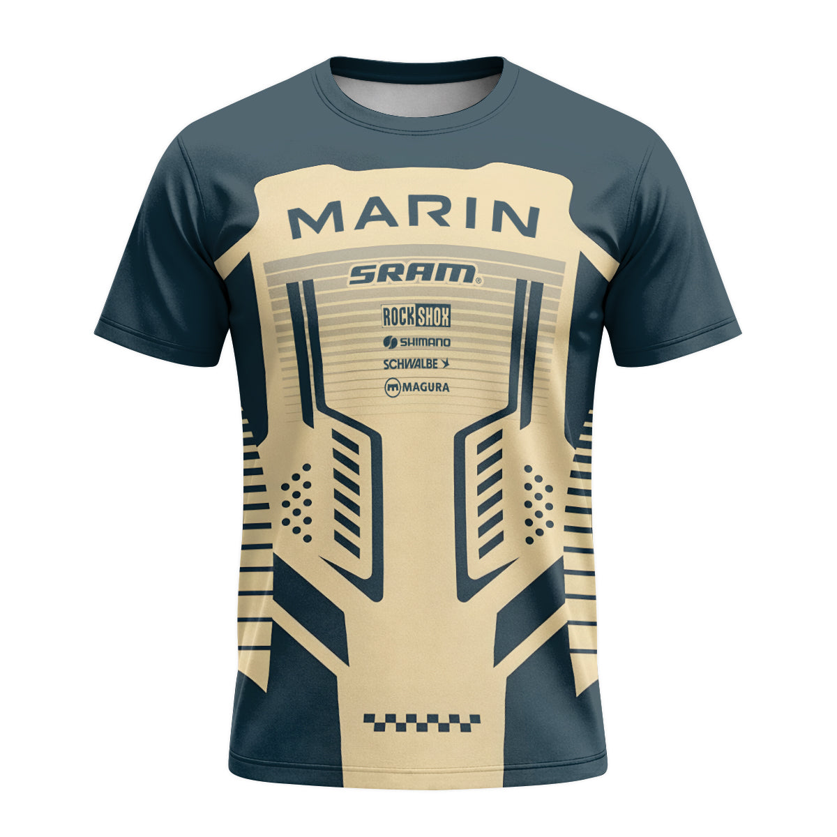 Marin Bikes Retro Navy Blue Beige Short Sleeve Mountain Bike Jersey – Front View Mockup