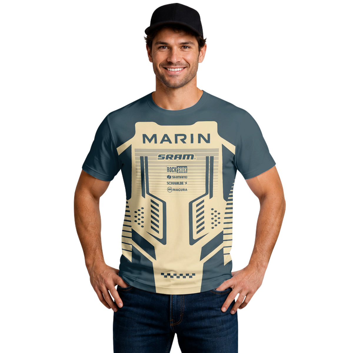 Marin Bikes Retro Navy Blue Beige Short Sleeve Mountain Bike Jersey – Lifestyle View