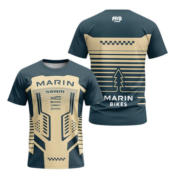 Marin Bikes Retro Navy Blue Beige Short Sleeve Mountain Bike Jersey – Front and Back View