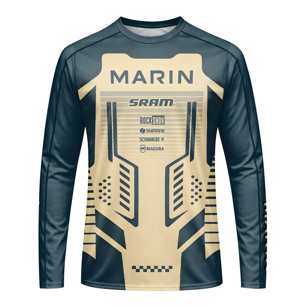 Marin Bikes Retro Navy Blue Beige Youth Long Sleeve Mountain Bike Jersey – Front View Mockup
