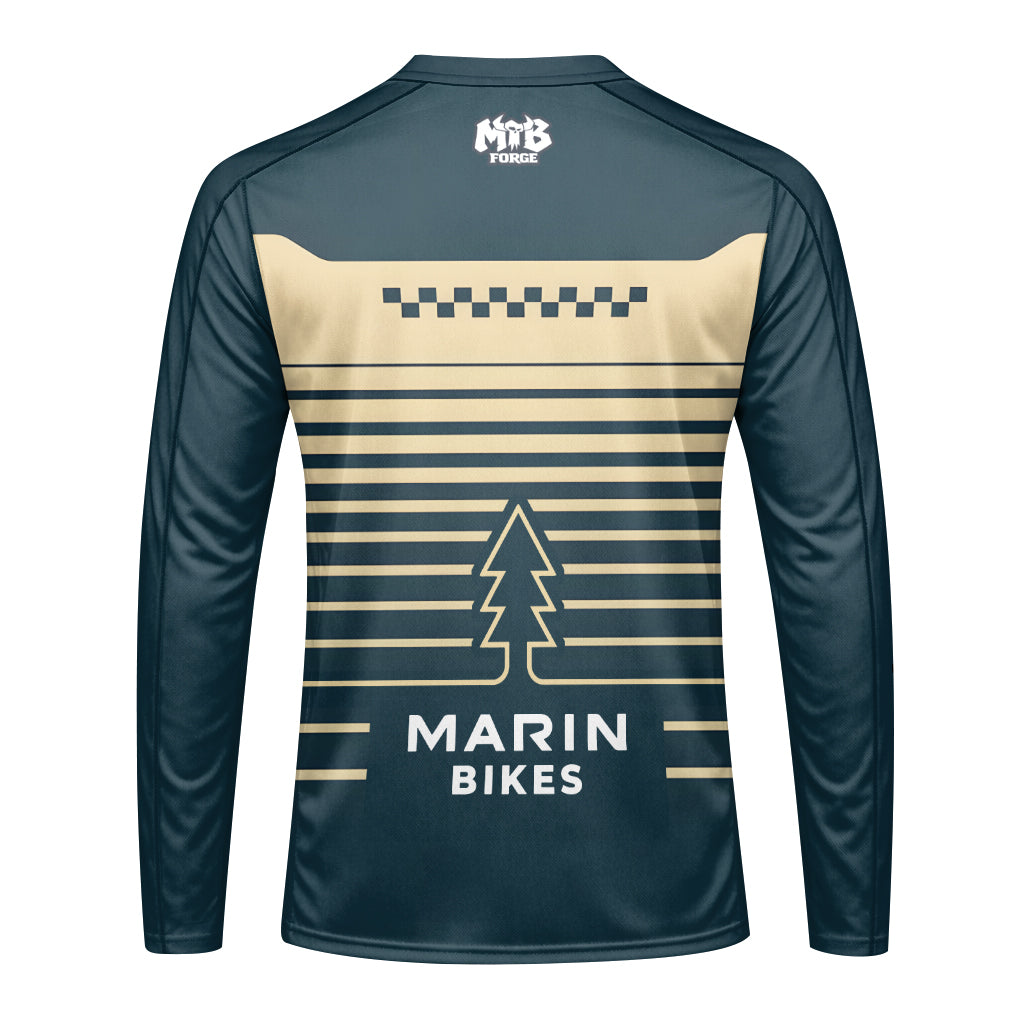 Marin Bikes Retro Navy Blue Beige Youth Long Sleeve Mountain Bike Jersey – Back View Mockup