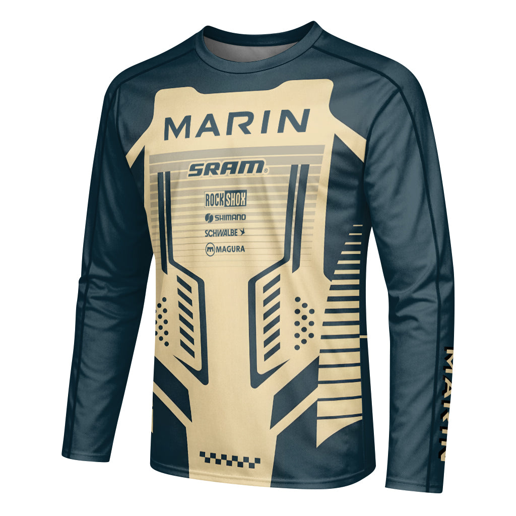 Marin Bikes Retro Navy Blue Beige Youth Long Sleeve Mountain Bike Jersey – Left Side View Mockup