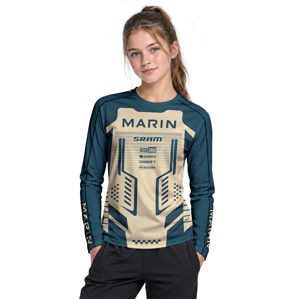 Marin Bikes Retro Navy Blue Beige Youth Long Sleeve Mountain Bike Jersey – Girl Lifestyle View