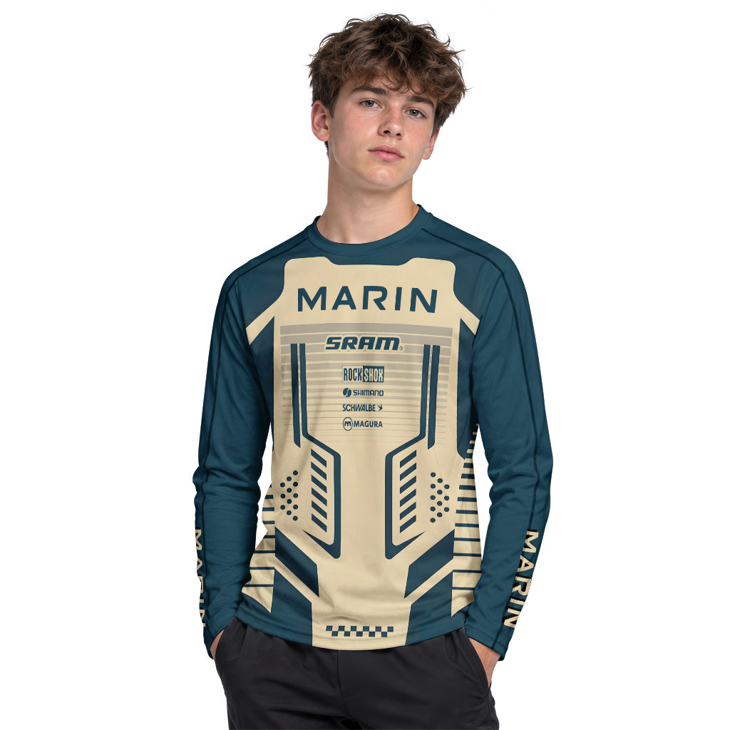 Marin Bikes Retro Navy Blue Beige Youth Long Sleeve Mountain Bike Jersey – Boy Lifestyle View