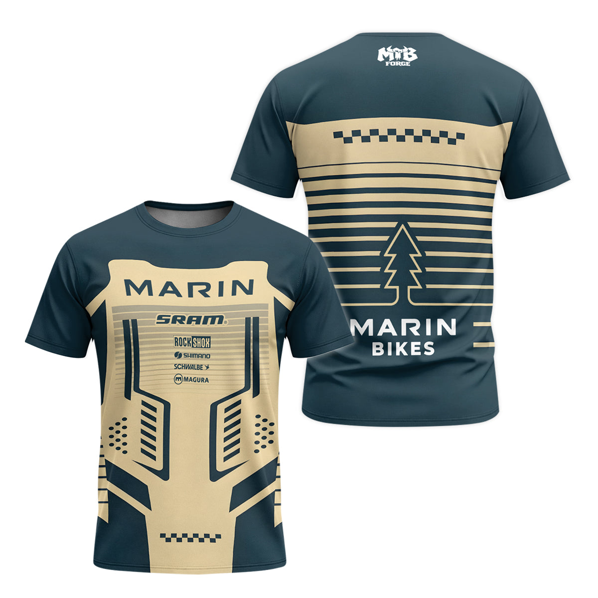 Marin Bikes Retro Navy Blue Beige Youth Short Sleeve Mountain Bike Jersey – Front and Back View