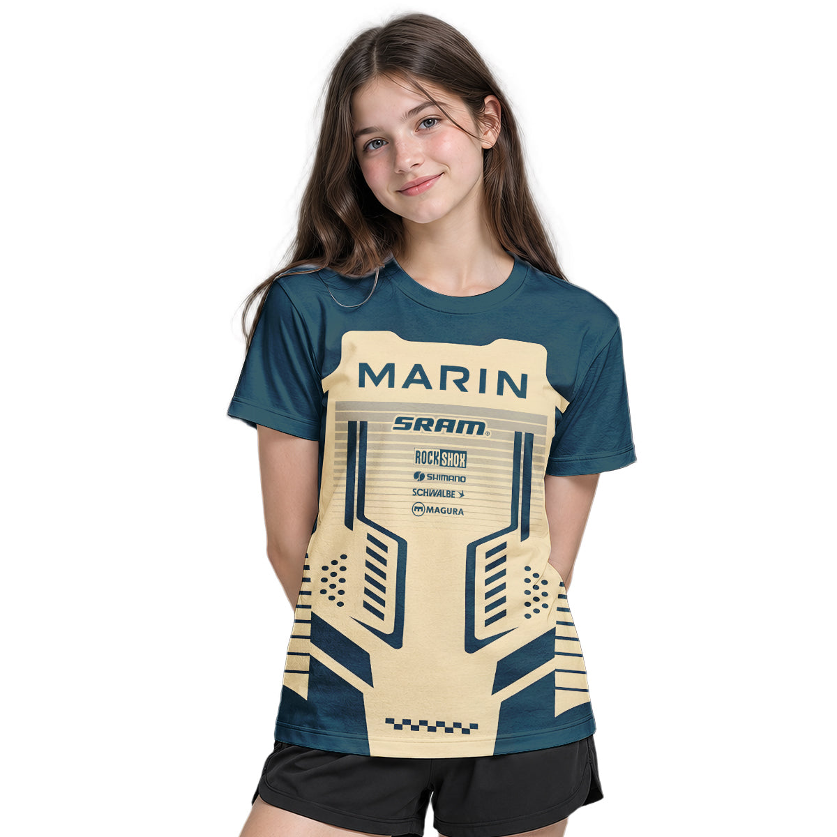 Marin Bikes Retro Navy Blue Beige Youth Short Sleeve Mountain Bike Jersey – Girl Lifestyle View