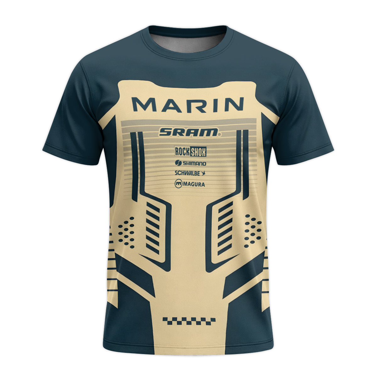 Marin Bikes Retro Navy Blue Beige Youth Short Sleeve Mountain Bike Jersey – Front View Mockup