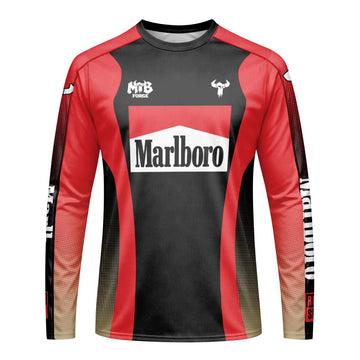 Marlboro Red Black Factory Race Long Sleeve Mountain Bike Jersey – Front View Mockup