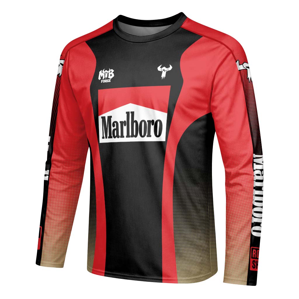 Marlboro Red Black Factory Race Long Sleeve Mountain Bike Jersey – Left Side View Mockup