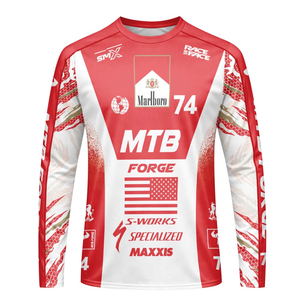 Marlboro Specialized 74 Red White Long Sleeve Mountain Bike Jersey – Front View Mockup