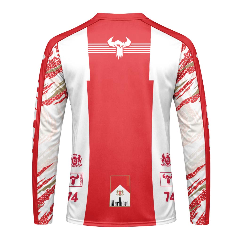 Marlboro Specialized 74 Red White Long Sleeve Mountain Bike Jersey – Back View Mockup