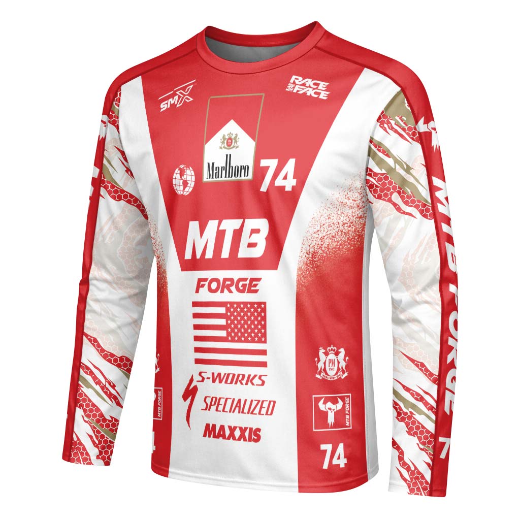 Marlboro Specialized 74 Red White Long Sleeve Mountain Bike Jersey – Left Side View Mockup