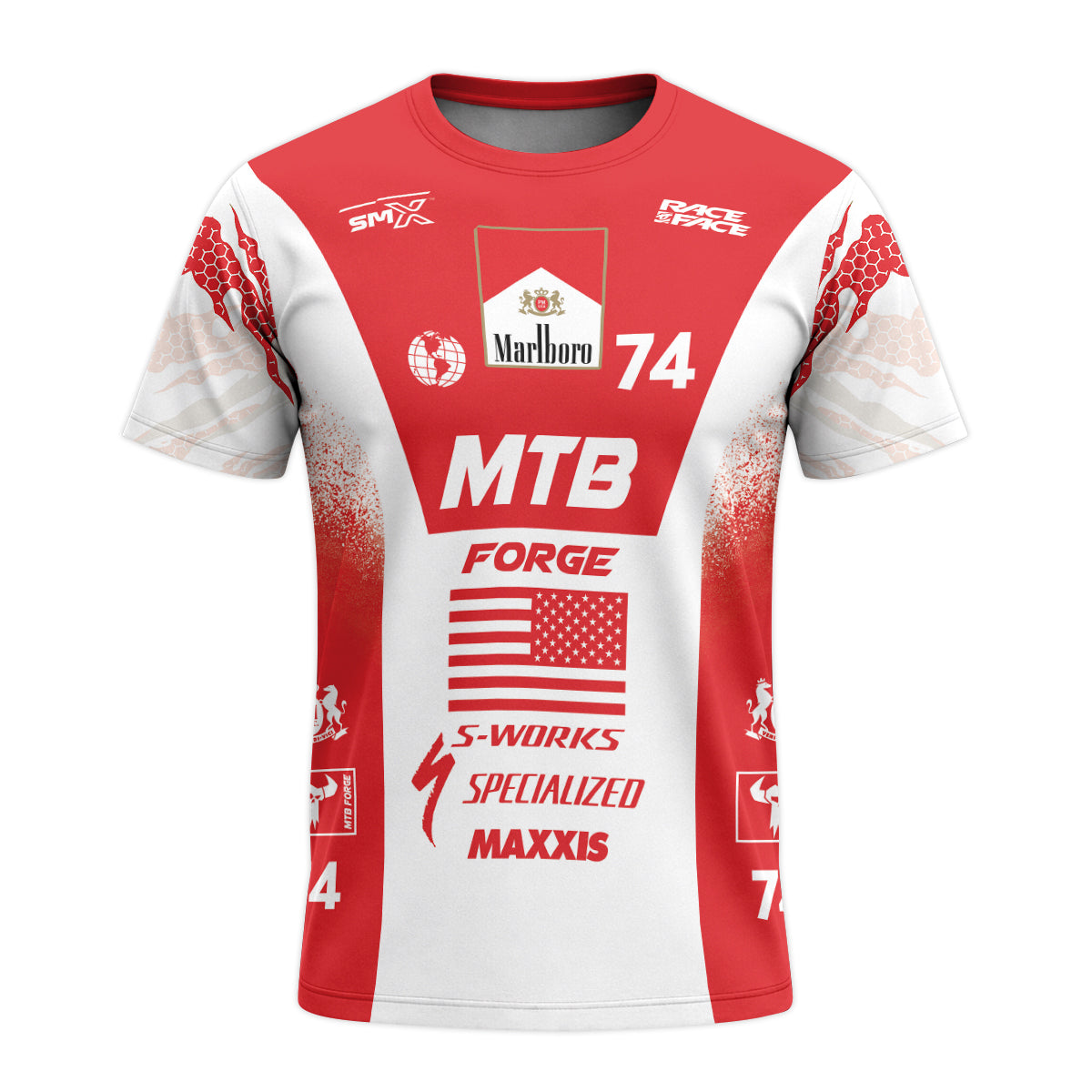 Marlboro Specialized 74 Red White Short Sleeve Mountain Bike Jersey – Front View Mockup