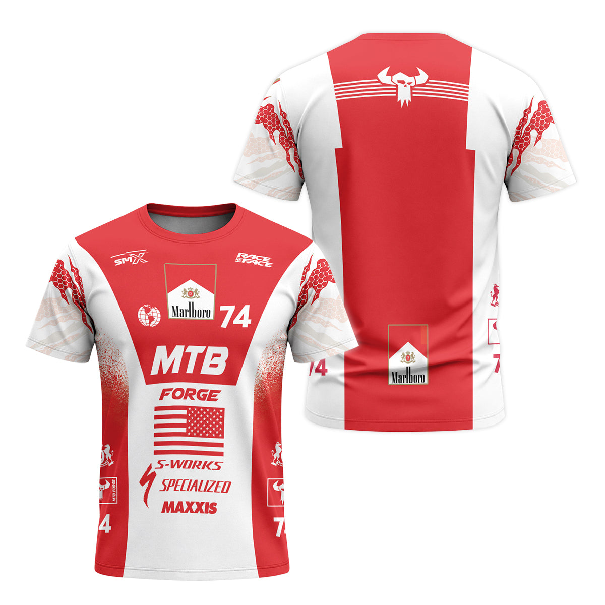 Marlboro Specialized 74 Red White Short Sleeve Mountain Bike Jersey – Front and Back View