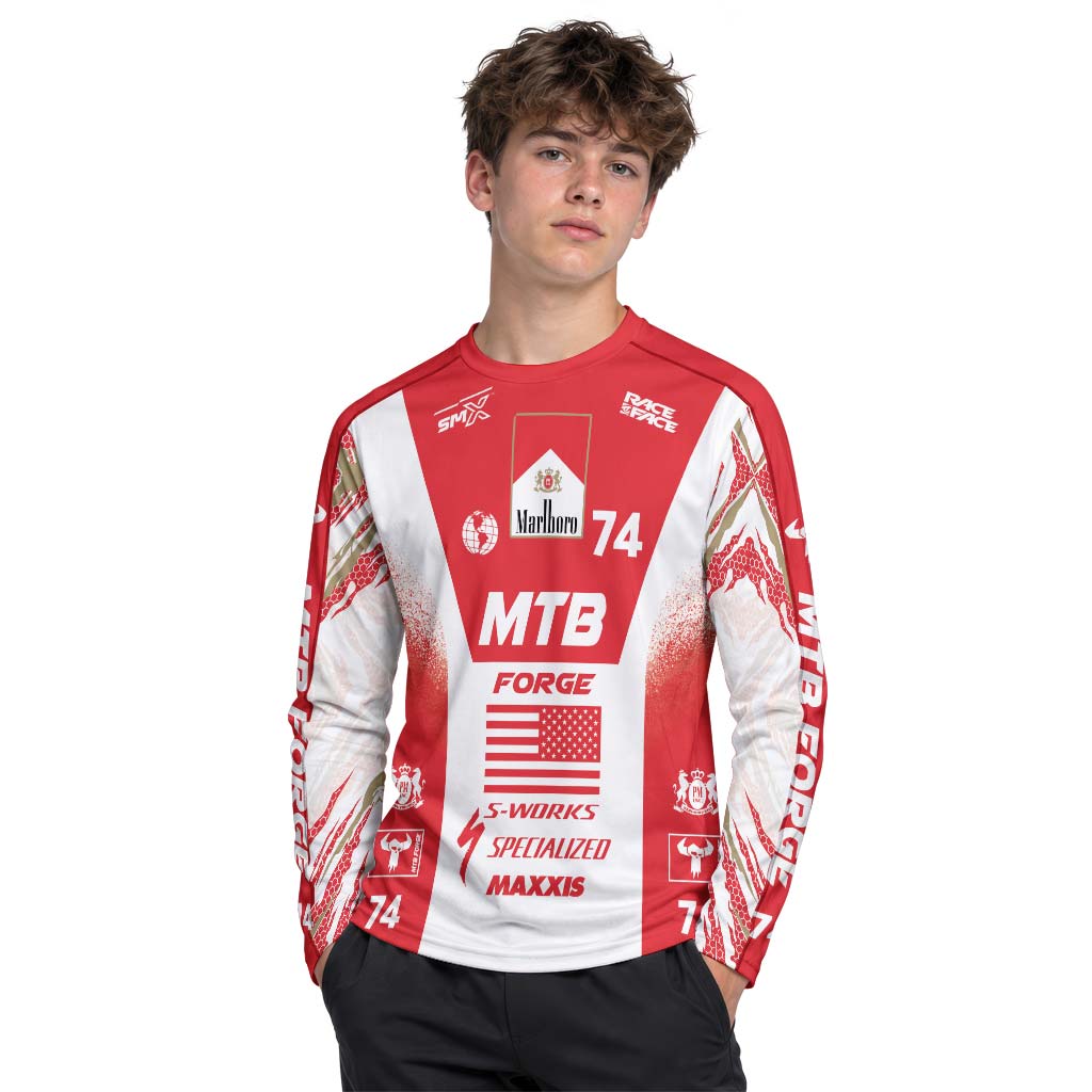 Marlboro Specialized 74 Red White Youth Long Sleeve Mountain Bike Jersey – Girl Lifestyle View