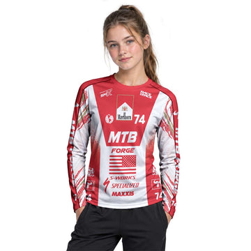 Marlboro Specialized 74 Red White Youth Long Sleeve Mountain Bike Jersey – Girl Lifestyle View