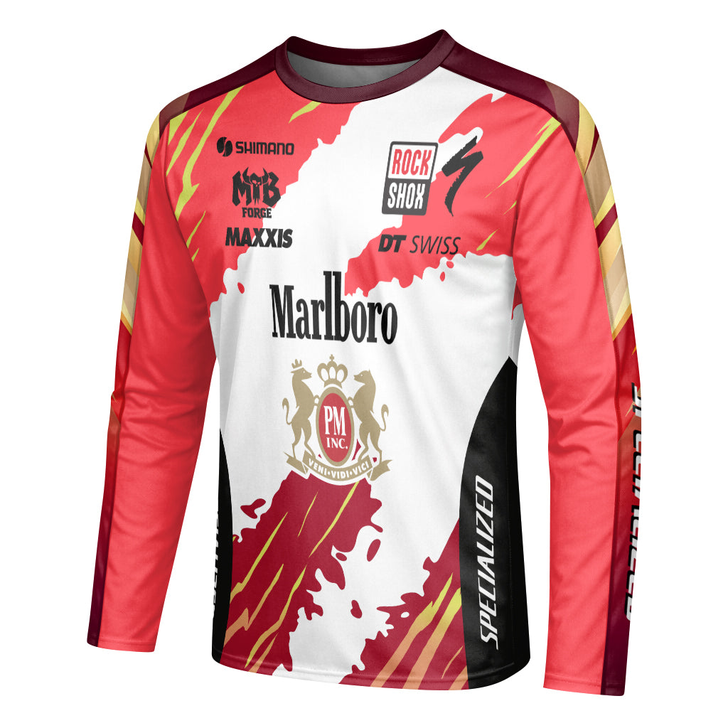 Marlboro Specialized Red White Long Sleeve Mountain Bike Jersey - left side mockup