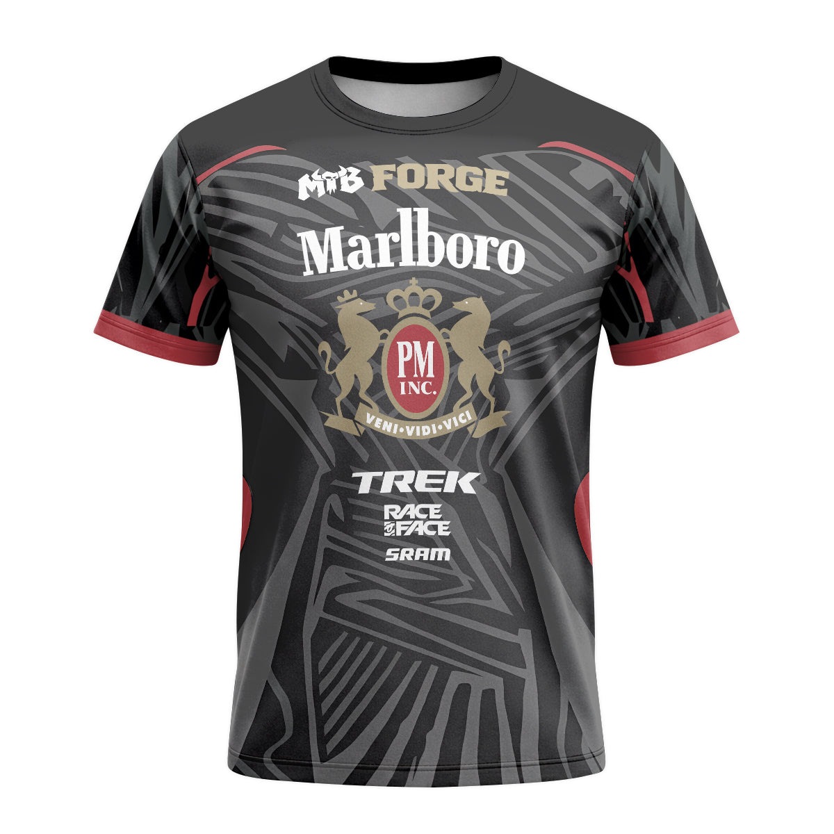 Marlboro Trek Black Red Factory Race Short Sleeve Mountain Bike Jersey - front view mockup