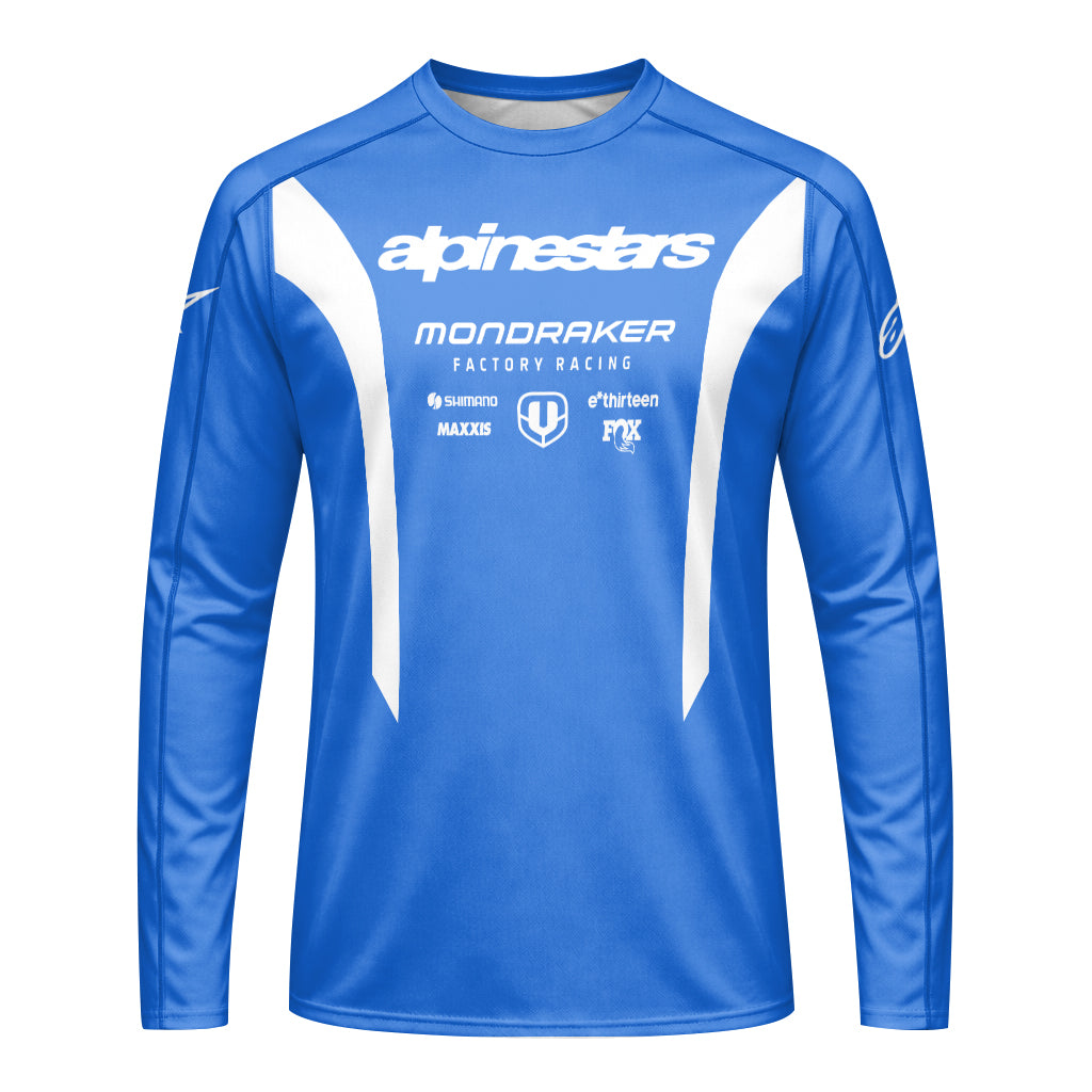 Mondraker Alpinestars Factory Racing Blue Long Sleeve Mountain Bike Jersey - front view mockup