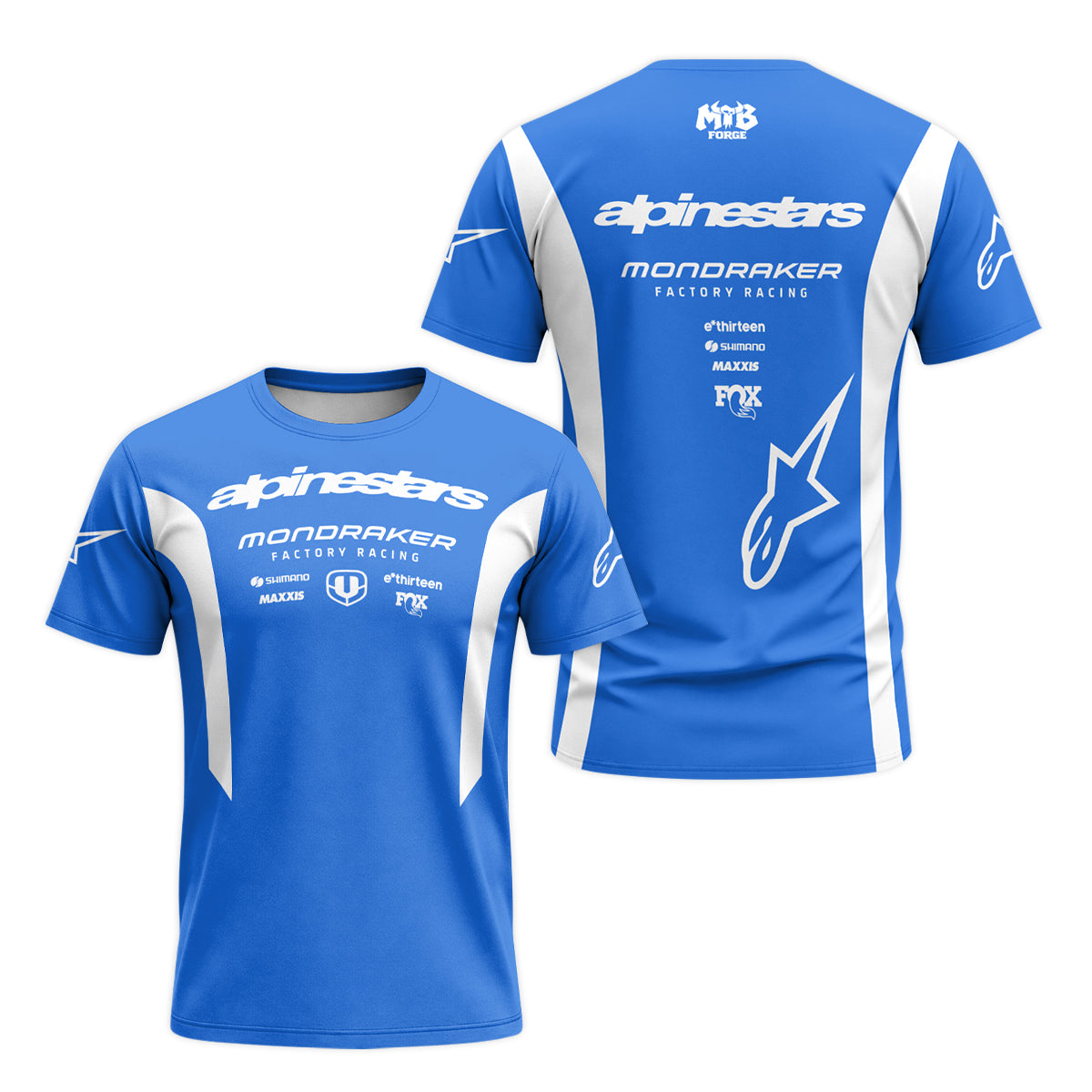 Mondraker Alpinestars Factory Racing Blue Short Sleeve Mountain Bike Jersey - front and back view