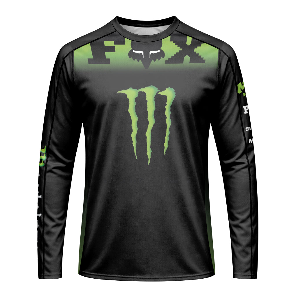 Monster Energy Fox Black Green Long Sleeve Mountain Bike Jersey - front view mockup