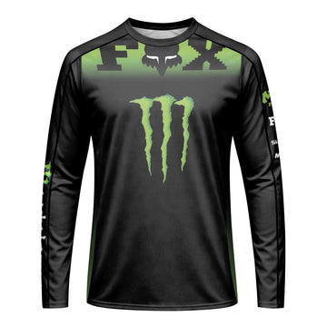 Monster Energy Fox Black Green Long Sleeve Mountain Bike Jersey - front view mockup