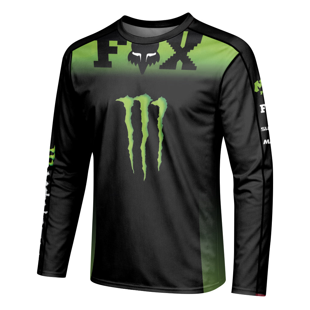 Monster Energy Fox Black Green Long Sleeve Mountain Bike Jersey - left side mockup