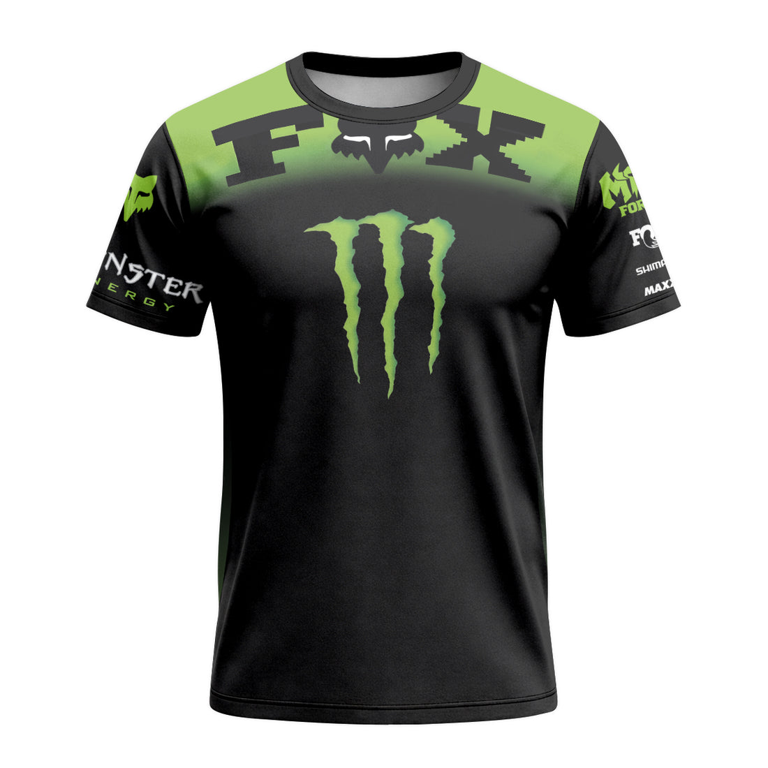 Monster Energy Fox Black Green Short Sleeve Mountain Bike Jersey - front and back view