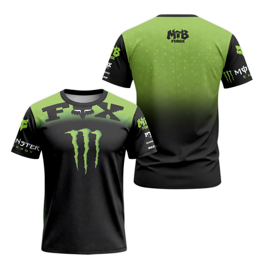 Monster Energy Fox Black Green Short Sleeve Mountain Bike Jersey - front and back view