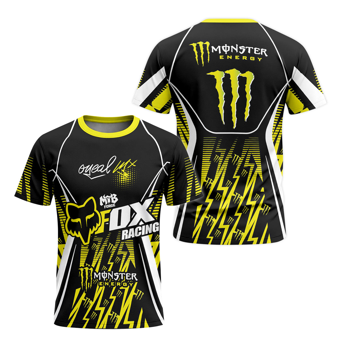 Monster Energy Fox Racing Black Yellow Short Sleeve Motocross Jersey - front and back view