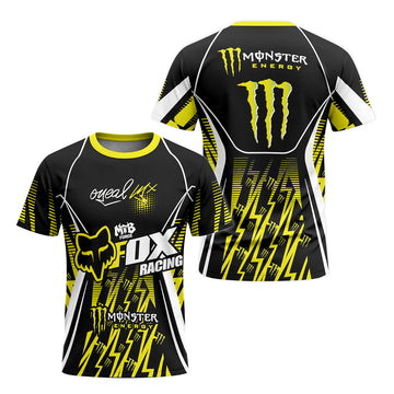 Monster Energy Fox Racing Black Yellow Short Sleeve Motocross Jersey - front and back view
