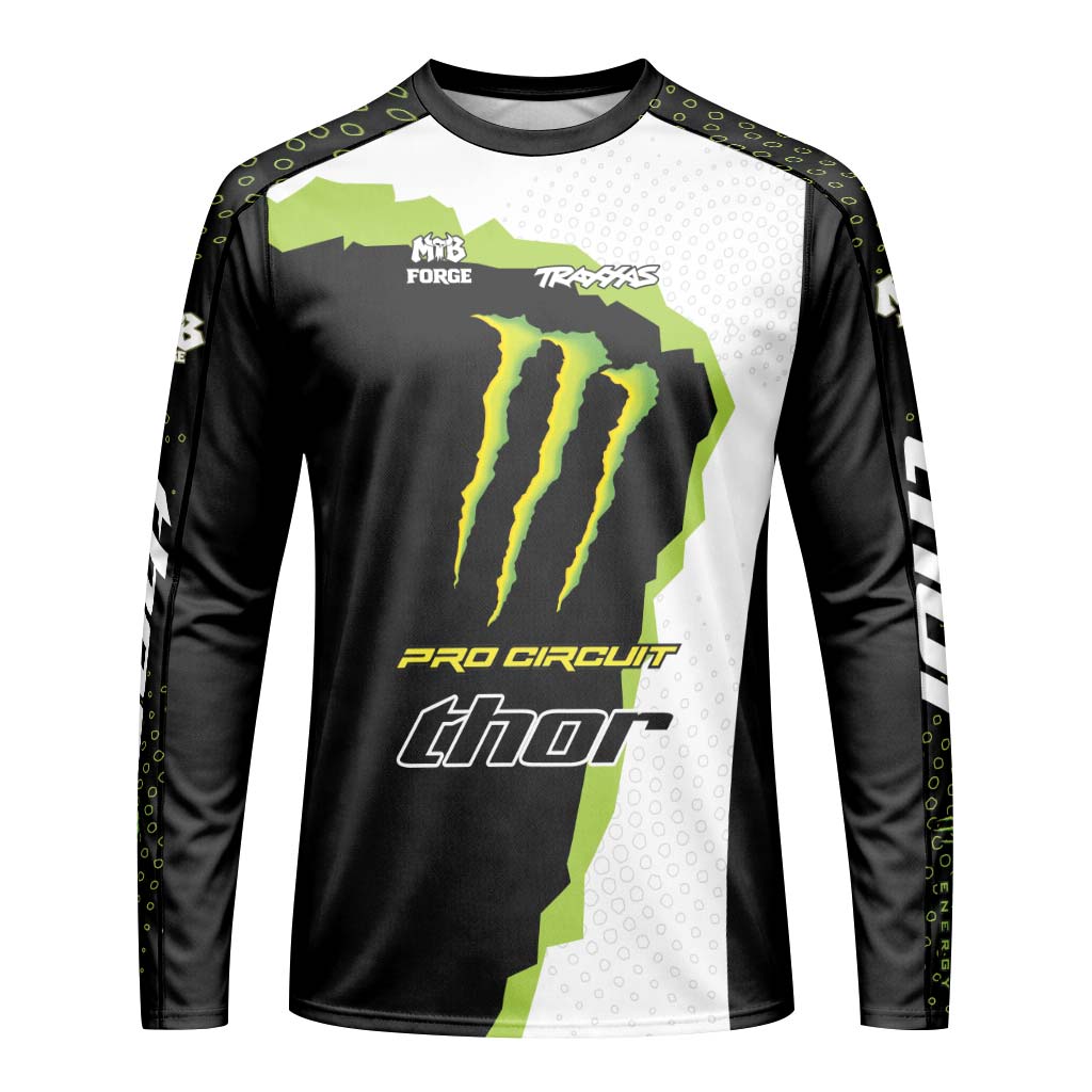 Monster Energy Pro Circuit Black White Green Long Sleeve Motocross Jersey - front view mockup