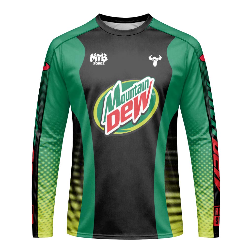 Mountain Dew Black Green Factory Race Long Sleeve Mountain Bike Jersey – Front View Mockup