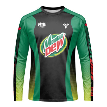 Mountain Dew Black Green Factory Race Long Sleeve Mountain Bike Jersey – Front View Mockup