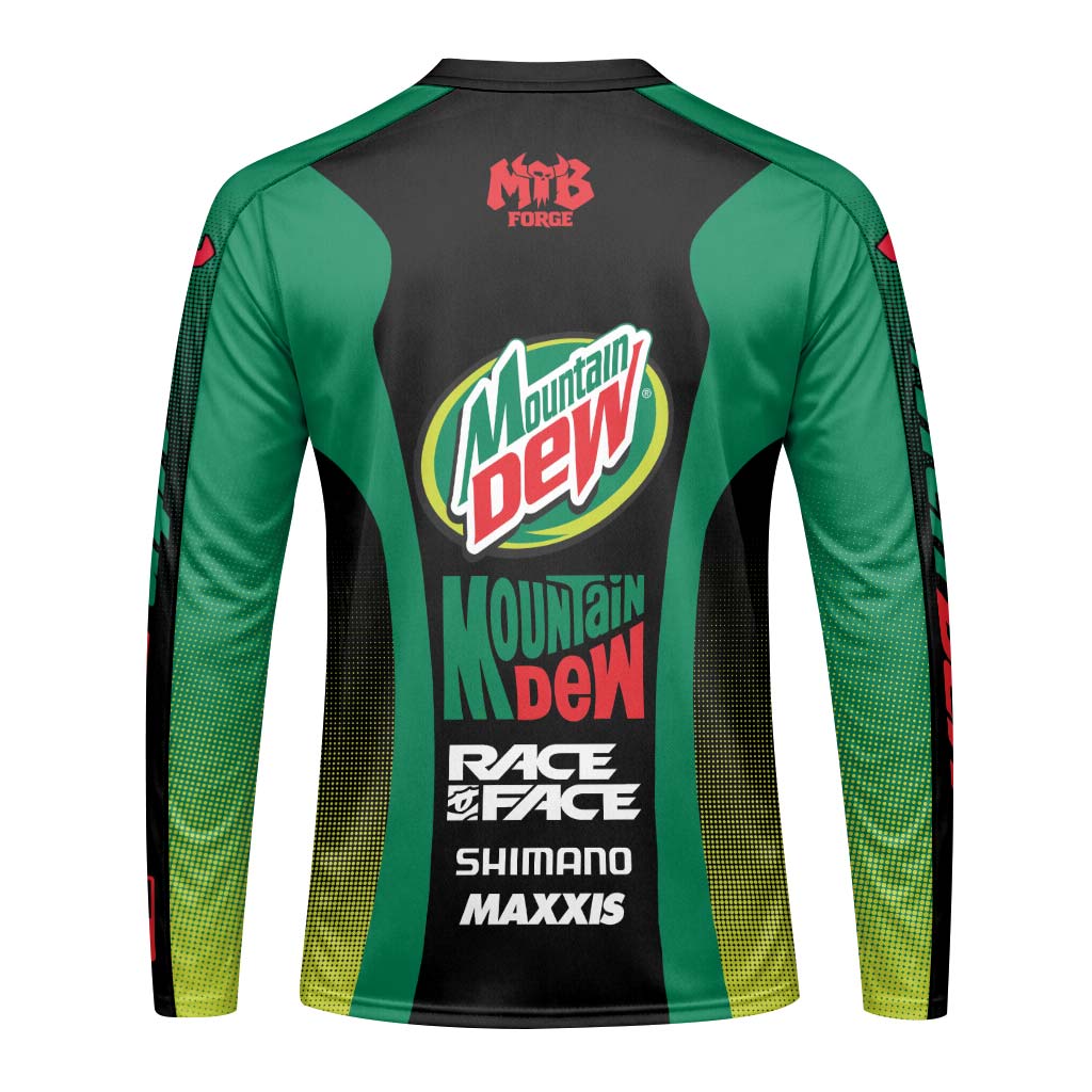 Mountain Dew Black Green Factory Race Long Sleeve Mountain Bike Jersey – Back View Mockup