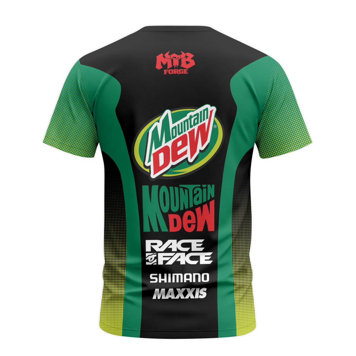 Mountain Dew Black Green Factory Race Short Sleeve Mountain Bike Jersey – Back View Mockup